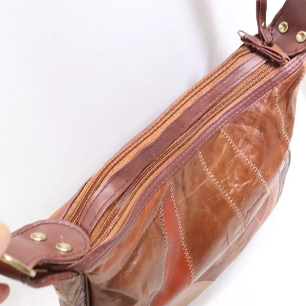 Vtg Patch Leather Crossbody Handbag Women M Brown Tone Colorblock Purse Bag